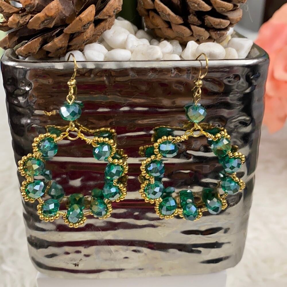 ARTISANAL 14k Gold Plated 3" Round Wire Shape Crystal Handmade Earrings Beaded
